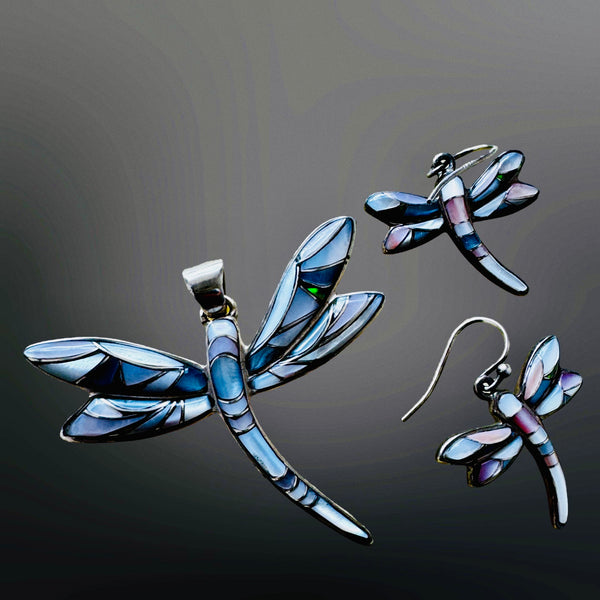 Dragonfly Mother of Pearl Pendant and Earring Set - 925 SS free chain