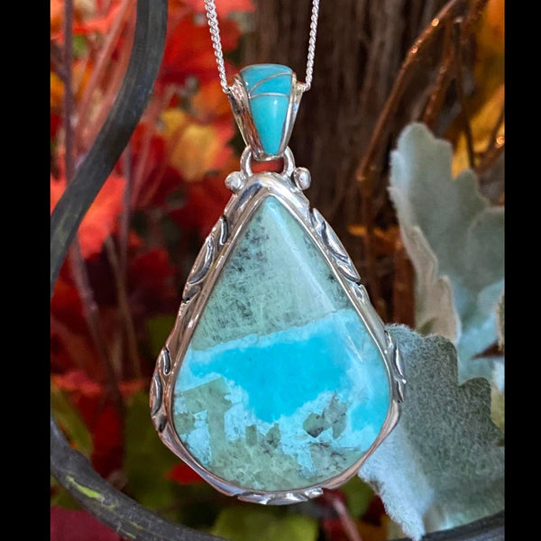 Turquoise & Chrysocolla Silver Pendant with Turquoise Inlaid Bale